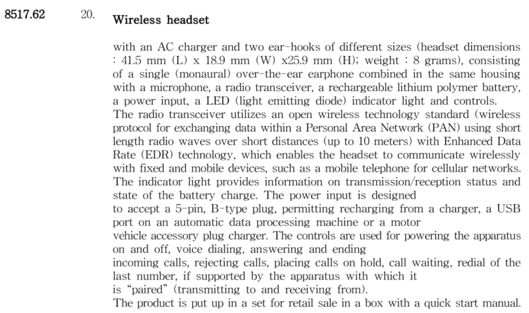 HS code for Wireless headsets